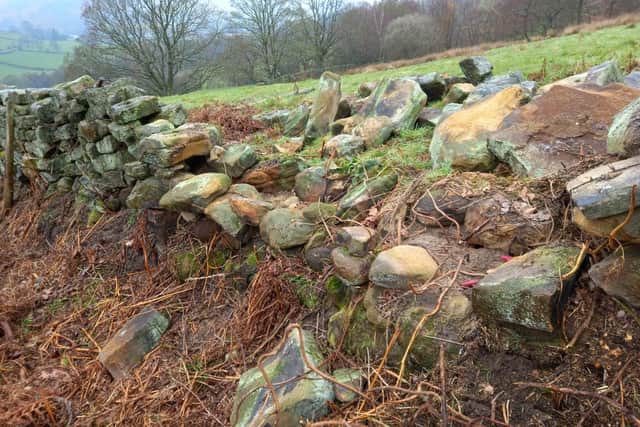A dry stone wall on the North York Moors prior needing a rebuild.