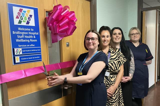 Lydia Larcum, Deputy Director of Workforce, York and Scarborough Teaching Hospitals NHS Foundation Trust, officially opens the room at Bridlington Hospital. Also pictured L-R: Rachel Marson, Health and Wellbeing Lead, Alex Cowman, Head of Occupational Health and Staff Wellbeing and Charlene Sargeant, Operational Site Matron