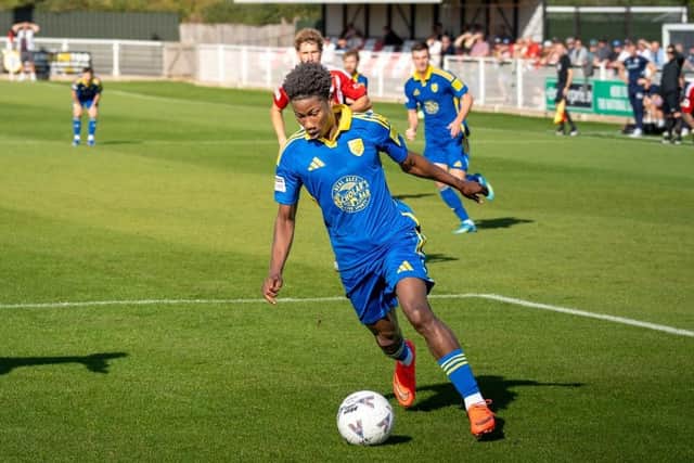 Mo Fadera on the attack for Boro at Brackley Town,. Photo by Wilkins Photography