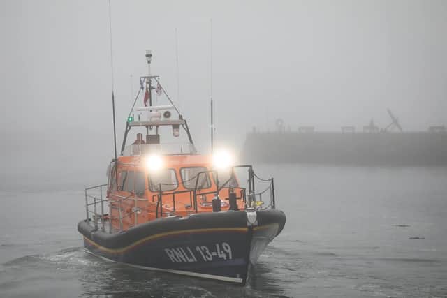 Whitby lifeboat Lois Ivan out in the fog.
