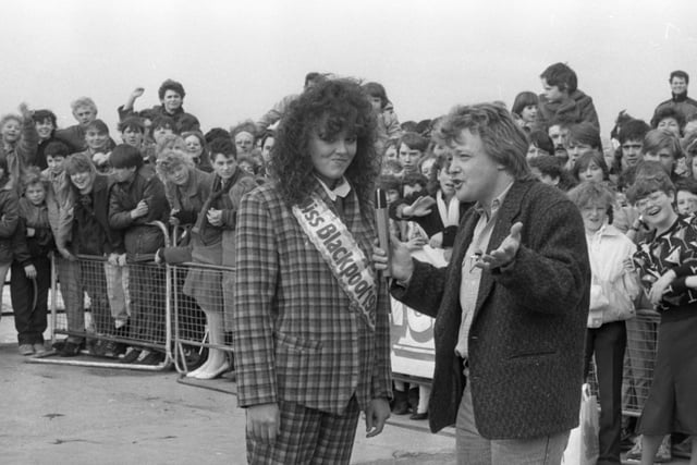 Keith Chegwin chats to Miss Blackpool during a recording for the Saturday Superstore in Blackpool