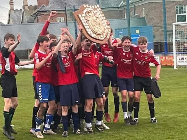 Celebration time for Eskdale U16 boys' Scarborough and district football champions 2023.
