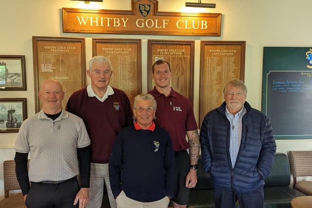 From left: Whitby Golf Club members (L to R) Steve Swales, Club President Geoff Cooling, Norman Tennant, Sean Broadley - who is taking on 100 holes of golf in a day - and Ian Robinson.