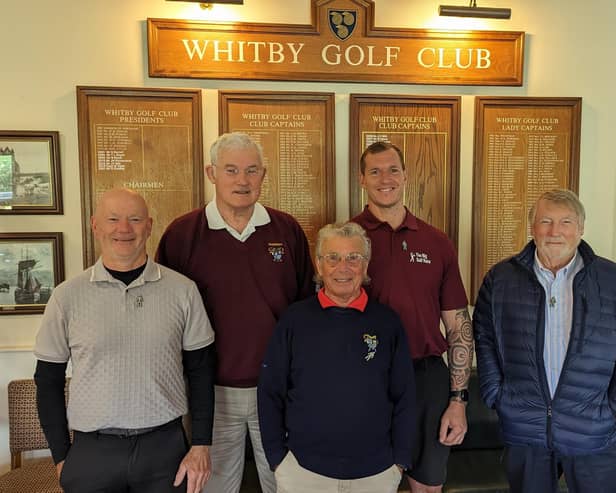 From left: Whitby Golf Club members (L to R) Steve Swales, Club President Geoff Cooling, Norman Tennant, Sean Broadley - who is taking on 100 holes of golf in a day - and Ian Robinson.