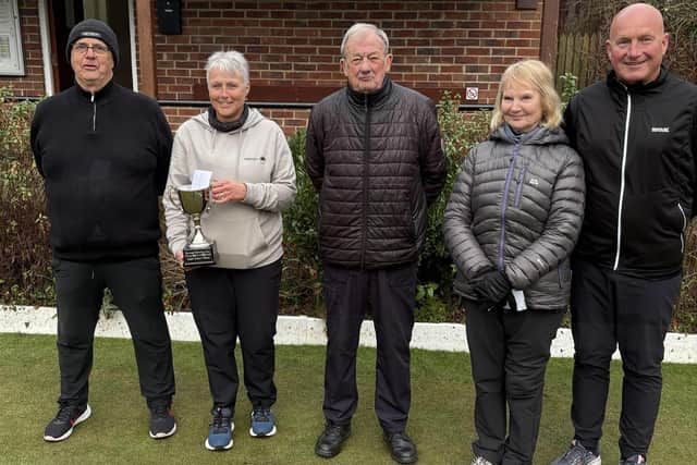 From left, Borough Drawn Pairs Merit winners Stuart Thompson and Allison Roe, Borough president Pete Hodgson and runners-up Jennie Allen and Alan Landers.