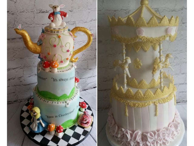 Two absolutely stunning and complex cakes, one Alice in Wonderland themed and one shaped like a carousel!