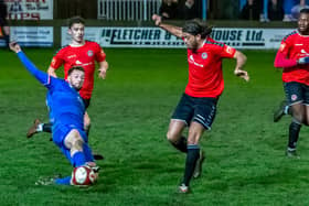 Lewis Hawkins put Whitby Town 1-0 ahead at Warrington Town on Tuesday evening, the Blues ended up battling back for a 2-2 draw despite playing nearly an hour with 10 men