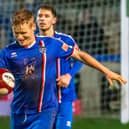 Harry Green celebrates putting Whitby Town a goal in front from the penalty spot in Tuesday's 2-1 home win against Ashton/ PHOTO BY BRIAN MURFIELD