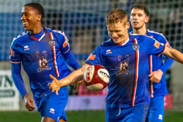 Harry Green celebrates putting Whitby Town a goal in front from the penalty spot in Tuesday's 2-1 home win against Ashton/ PHOTO BY BRIAN MURFIELD