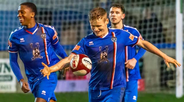 Harry Green celebrates putting Whitby Town a goal in front from the penalty spot in Tuesday's 2-1 home win against Ashton/ PHOTO BY BRIAN MURFIELD
