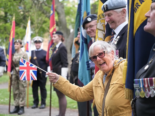 Scarborough VE Day Ceremony at Alma Square, a cheeky wave!