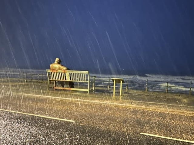 Freddie Gilroy caught up in the snow shower on Scarborough's North Bay.