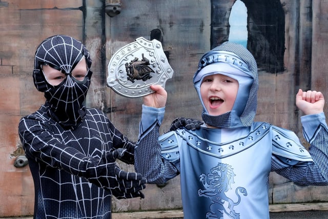 World Book Day at Gladstone Rd School ... Spiderman and and a gallant Knight in action.
picture: Richard Ponter