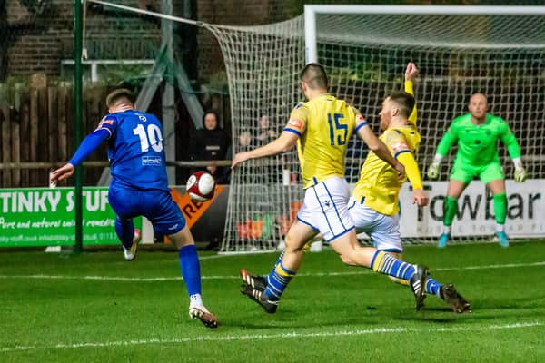 Aaron Haswell put Whitby Town in front in the first half against Warrington Town PHOTO BY BRIAN MURFIELD