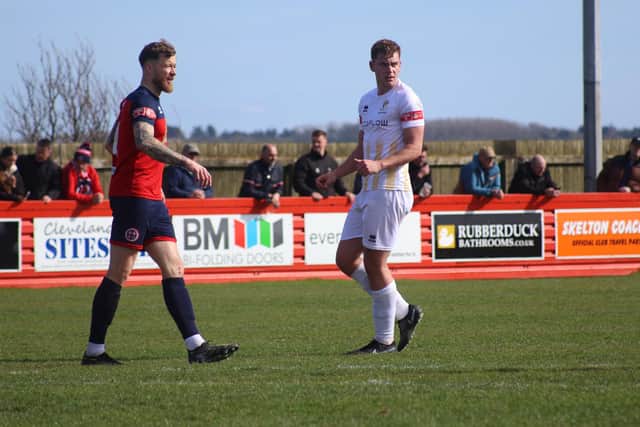 Joe Pratley, white kit, prior to scoring his first senior goal, for Bridlington Town at Redcar Athletic. Photo by ECmedia.