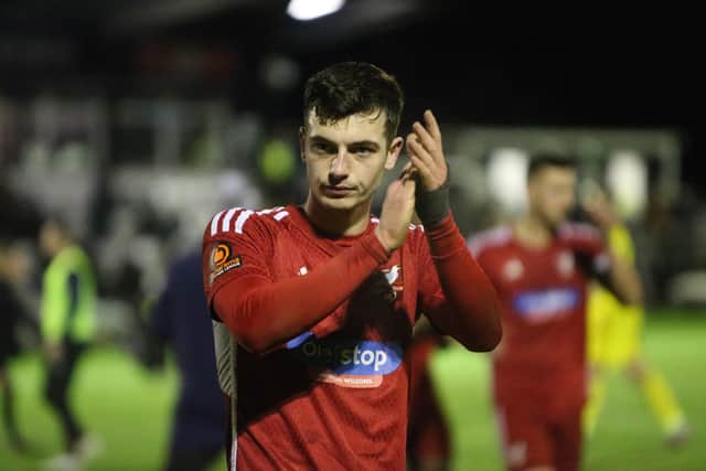 Luca Colville applauds the travelling Boro fans. PHOTOS BY ZACH FORSTER