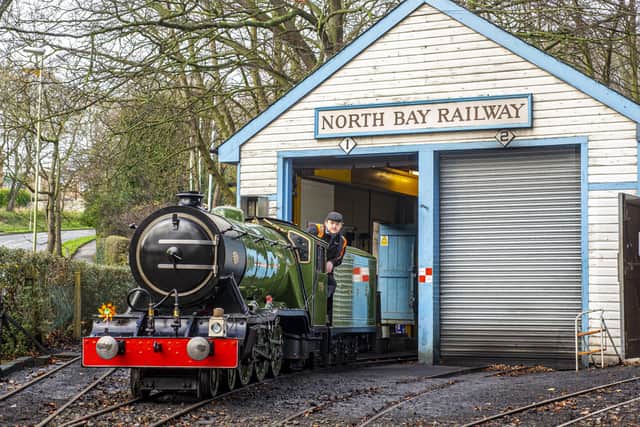 Driver Paul Bailey brings out Triton out of the engine shed at the North Bay Railway, Scarborough.
Picture Tony Johnson
