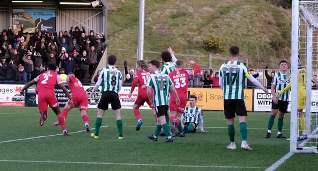 Boro make it 1-1 at home to Blyth Spartans thanks to defender Bailey Gooda, the hosts went on to win the game 3-2 PHOTOS BY RICHARD PONTER