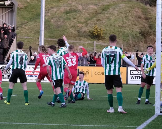 Boro make it 1-1 at home to Blyth Spartans thanks to defender Bailey Gooda, the hosts went on to win the game 3-2 PHOTOS BY RICHARD PONTER