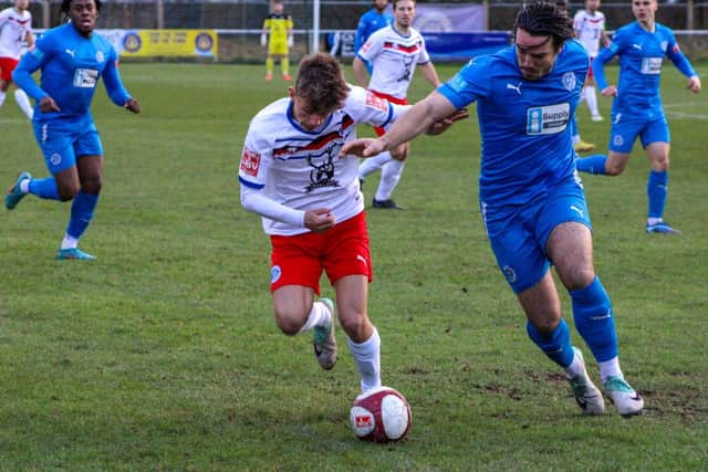 Alfie Doherty in action for Whitby Town at Warrington Rylands. PHOTO BY WHOTBY TOWN FC