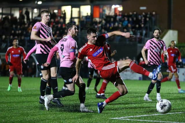 Boro skipper Will Thornton is at full stretch to reach the ball in the loss at home to Curzon Ashton. PHOTOS: ZACH FORSTER