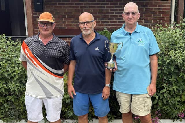 Billy Holdsworth, right, won the Miller Cup final against Paul Morgan left, with Borough BC president Shaughan Temple presenting the cup.