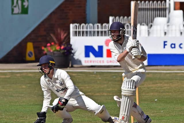 Glaisdale's Simeon Padmore, who struck a superb 70, in batting action at North Marine Road. Photo by Simon Dobson