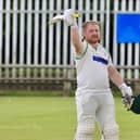 Brid batsman Sam Wragg celebrates his stunning ton against Sutton on Saturday. PHOTOS BY TCF PHOTOGRAPHY
