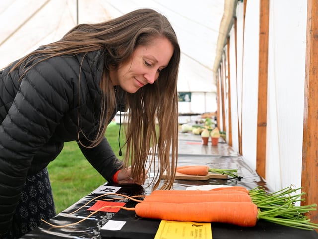Lucy views the veg in the produce tent.