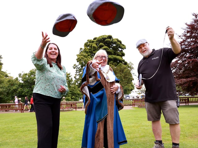 Yorkshire Day at Sewerby Hall - flat cap throwing with Marie Gascoigne, Cllr Linda Bayram and Robert Chester keeping an eye on the record. picture: Richard Ponter