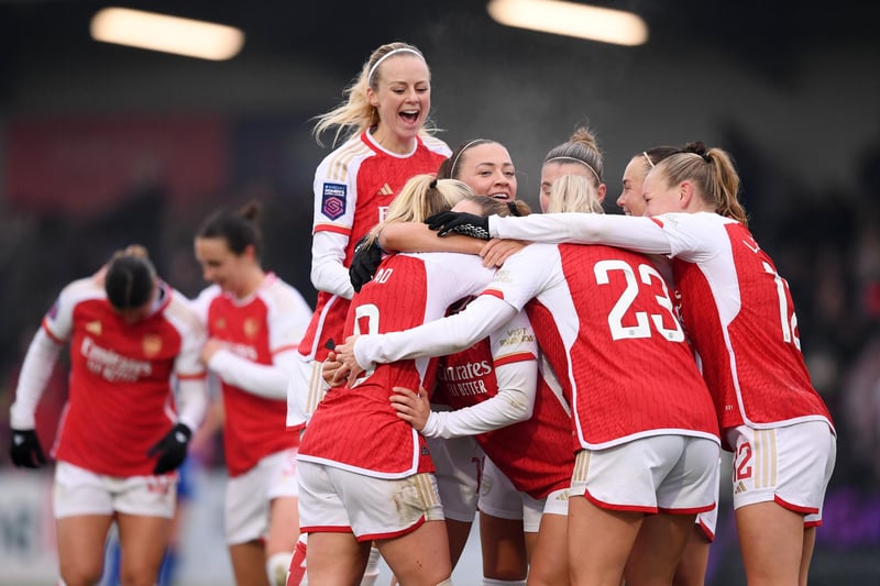 Beth Mead of Arsenal (obscured) celebrates with team-mates after scoring the team's second goal during the Barclays Women´s Super League match between Arsenal and West Ham United at Meadow Park . 
Photo by Alex Burstow/Arsenal FC via Getty Images.