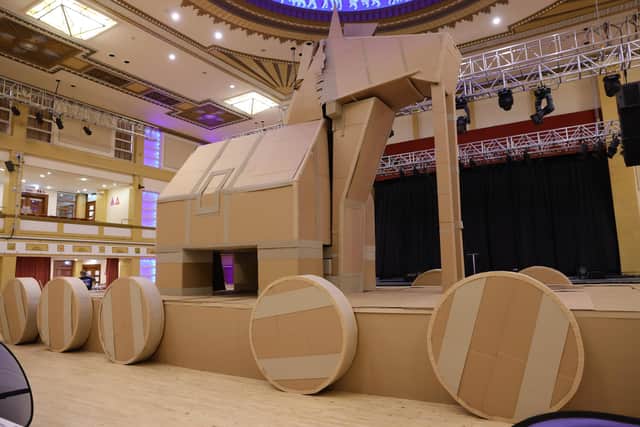 The finished cardboard Trojan Horse in Bridlington Spa ready to be measured for World Record attempt.