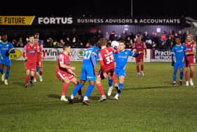 Boro's match-winner Ciaran McGuckin gets stuck in PHOTOS BY RICHARD PONTER