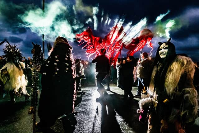 Participants in the 8th Whitby Krampus run starting from Whitby Bandstand followed by a slow walk up towards the whalebone arch.
Picture James Hardisty.