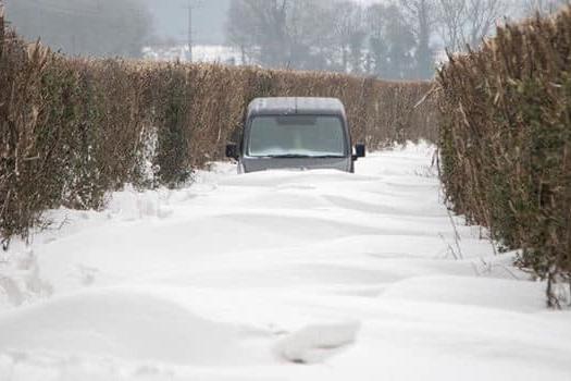 Snow drifts early this morning.