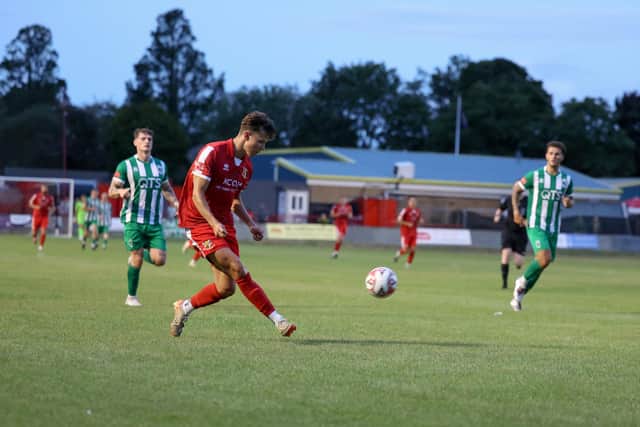 Luca Bolino provides the assist for Ifeanyi "Destiny" Nnenanya's goal for the hosts against Blyth Spartans. Photo by EC Media