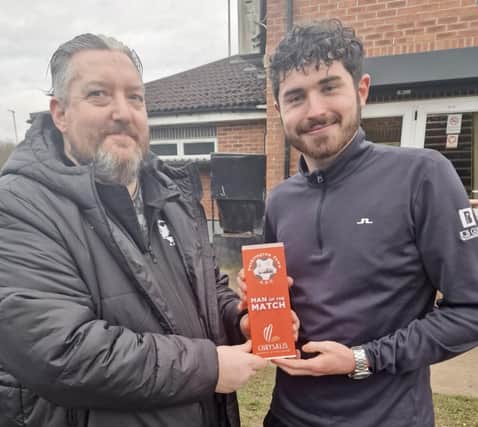 Harry Mays receives the Chrysalis Men’s Mental Health sponsored Man of the Match award for Pocklington Town 3rds after their 1-1 draw.