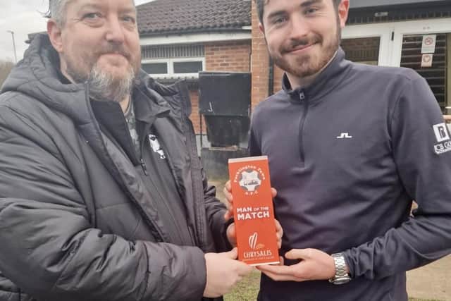 Harry Mays receives the Chrysalis Men’s Mental Health sponsored Man of the Match award for Pocklington Town 3rds after their 1-1 draw.