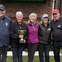 Borough Drawn Pairs Merit winners Kevin Gates & Allison Roe, Borough vice-president Caroline Watson, and runners-up Joyce Harland & Kenny Wale