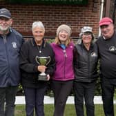 Borough Drawn Pairs Merit winners Kevin Gates & Allison Roe, Borough vice-president Caroline Watson, and runners-up Joyce Harland & Kenny Wale