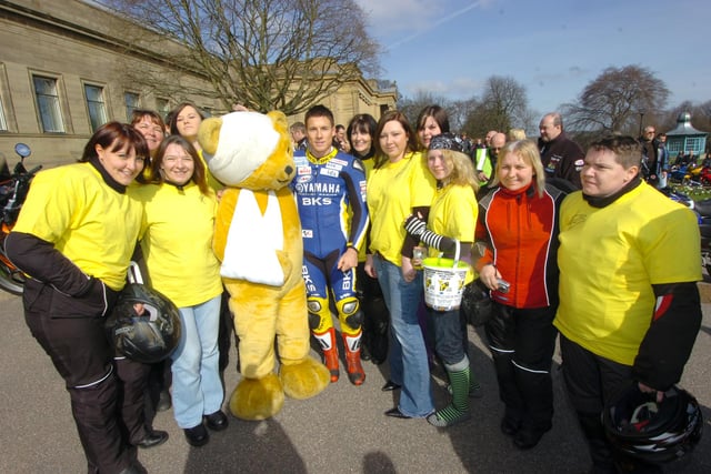 Pictured  at the West Park Sheffield on the 2007 Childrens Hospital Easter Egg Bike Ride, are motor bikes that were lead in by Motorcycle Champion James Toseland. Seen is James with fans, including Theo the bear.