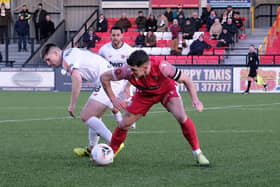 Boro skipper Michael Coulson battles for the ball against AFC Fylde PHOTOS BY RICHARD PONTER