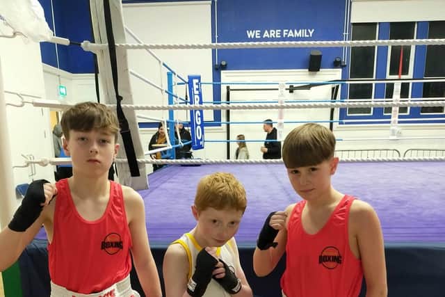 Westway Boxing Club youngsters, from left, Fred Farey, Archie Ashworth and Preston Hirstle