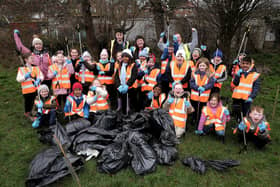Staff, volunteers and pupils cheering after litter picking success.
