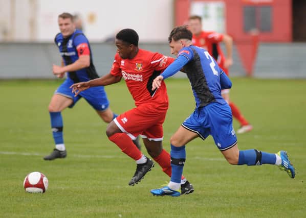 Glen Sani on the attack for Bridlington Town in their 3-2 home loss to Cleethorpes. PHOTO BY DOM TAYLOR