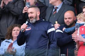 Boro boss Jono Greening celebrates Boro's play-off final win and promotion