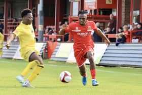 Bridlington Town, red kit, in action during their 1-0 home loss against Trafford FC in the FA Trophy. PHOTOS BY TCF PHOTOGRAPHY