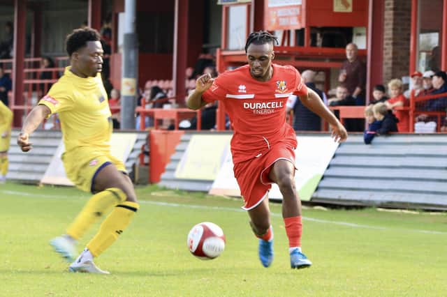 Bridlington Town, red kit, in action during their 1-0 home loss against Trafford FC in the FA Trophy. PHOTOS BY TCF PHOTOGRAPHY
