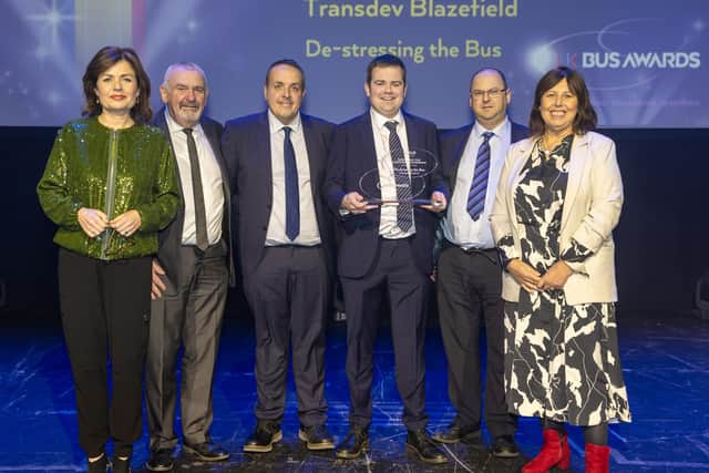 Transdev’s team receive the Gold prize at the UK Bus Awards for their innovative ‘De-Stressing The Bus’ marketing campaign. 
The awards were presented by BBC News presenter Jane Hill.