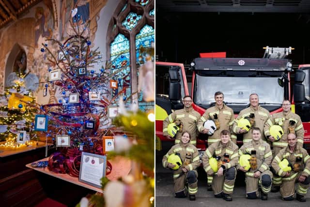 The Christmas tree salvaged from the North York Moors fire; and the Helmsley fire crew.